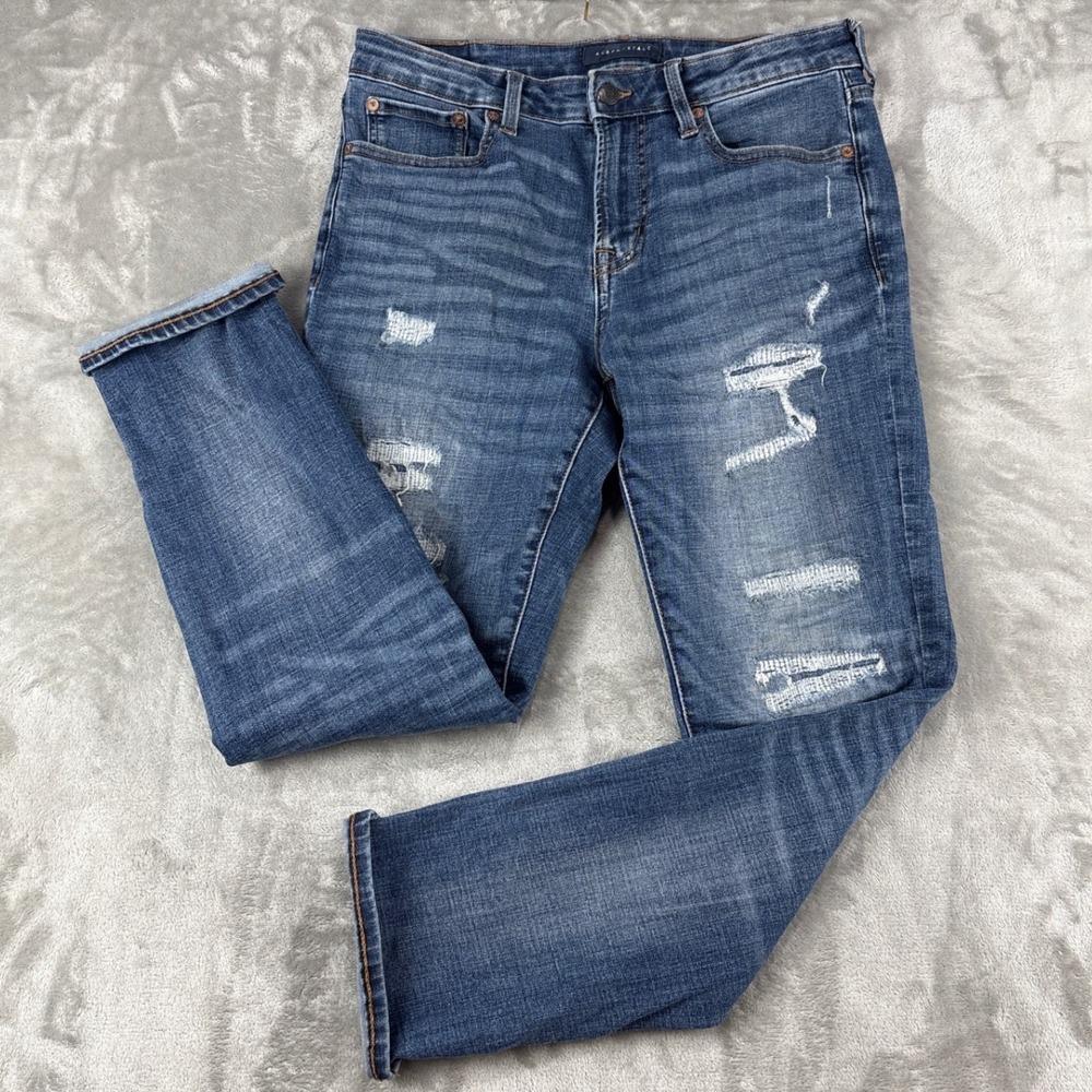 Aeropostale Jeans Mens 32/30 Skinny Blue Distressed Ripped EUC